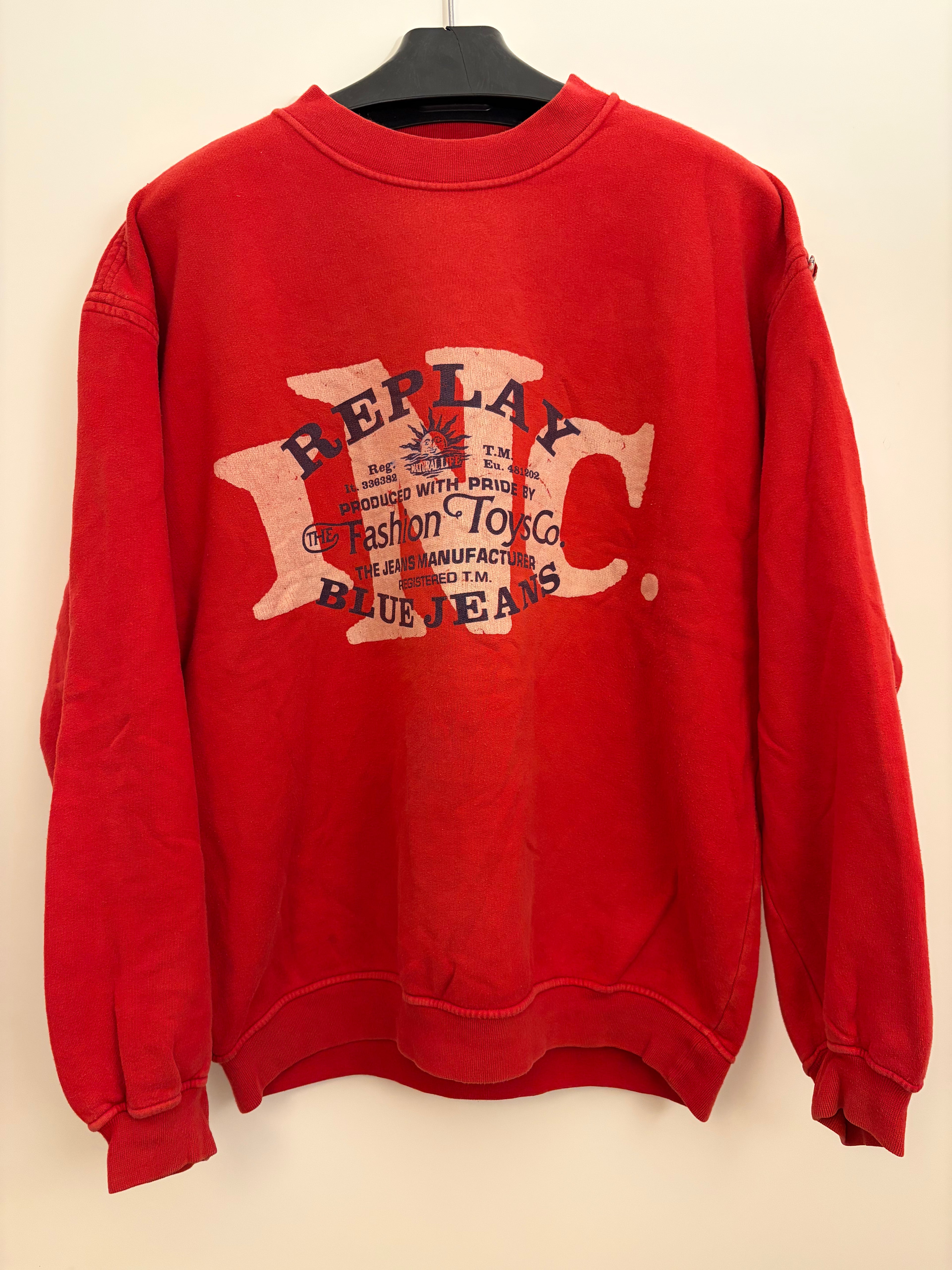 Vintage 90s Replay & Sons Blue Jeans Sweatshirt Made in Italy Red Graphic Crewneck Size VIII, Retro Oversized Boxy Heavyweight Cotton