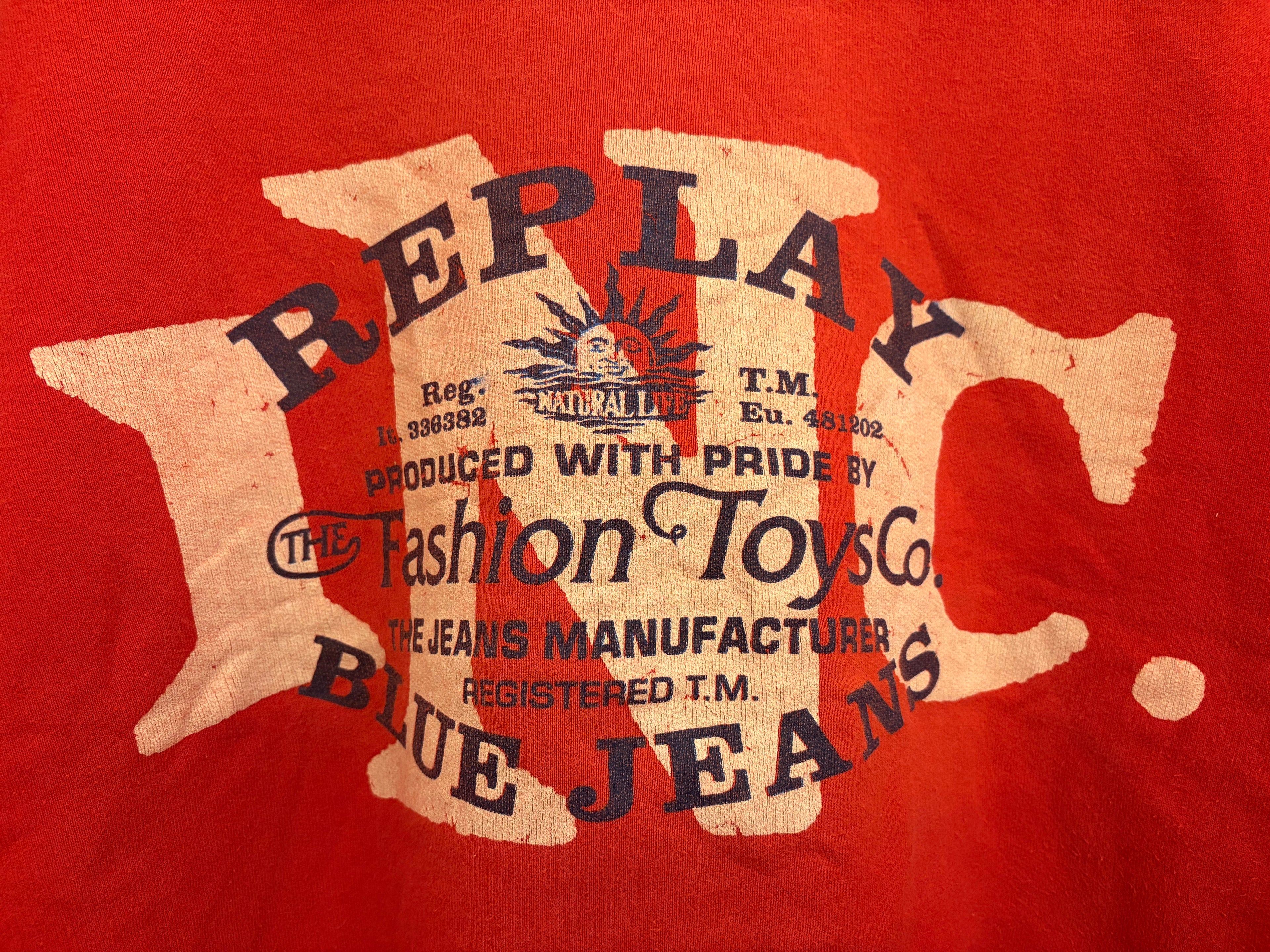 Vintage 90s Replay & Sons Blue Jeans Sweatshirt Made in Italy Red Graphic Crewneck Size VIII, Retro Oversized Boxy Heavyweight Cotton
