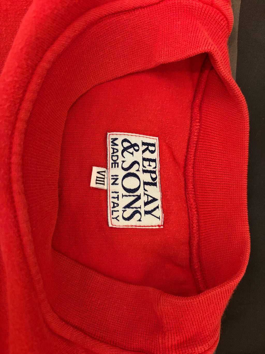 Vintage 90s Replay & Sons Blue Jeans Sweatshirt Made in Italy Red Graphic Crewneck Size VIII, Retro Oversized Boxy Heavyweight Cotton used