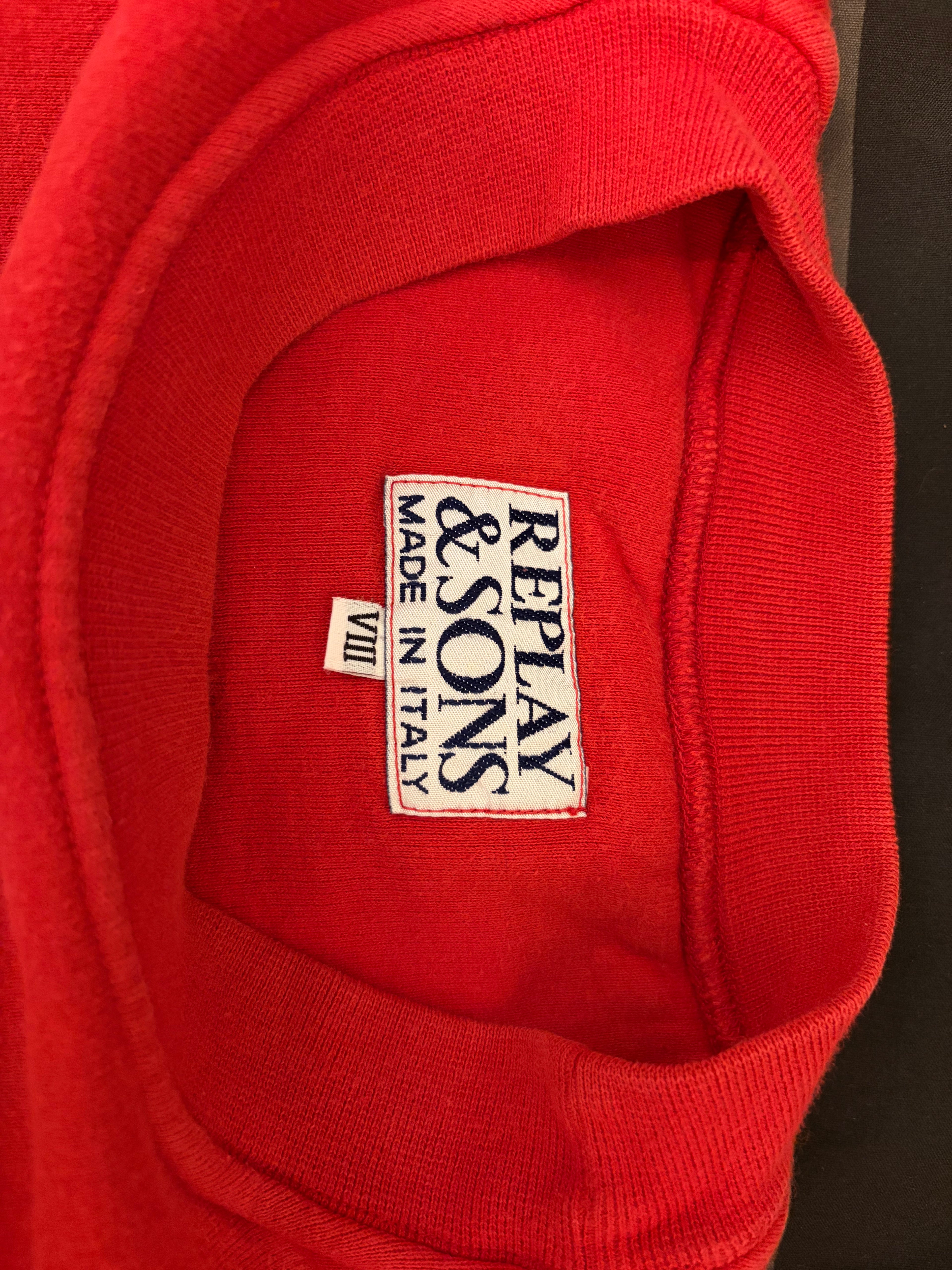 Vintage 90s Replay & Sons Blue Jeans Sweatshirt Made in Italy Red Graphic Crewneck Size VIII, Retro Oversized Boxy Heavyweight Cotton