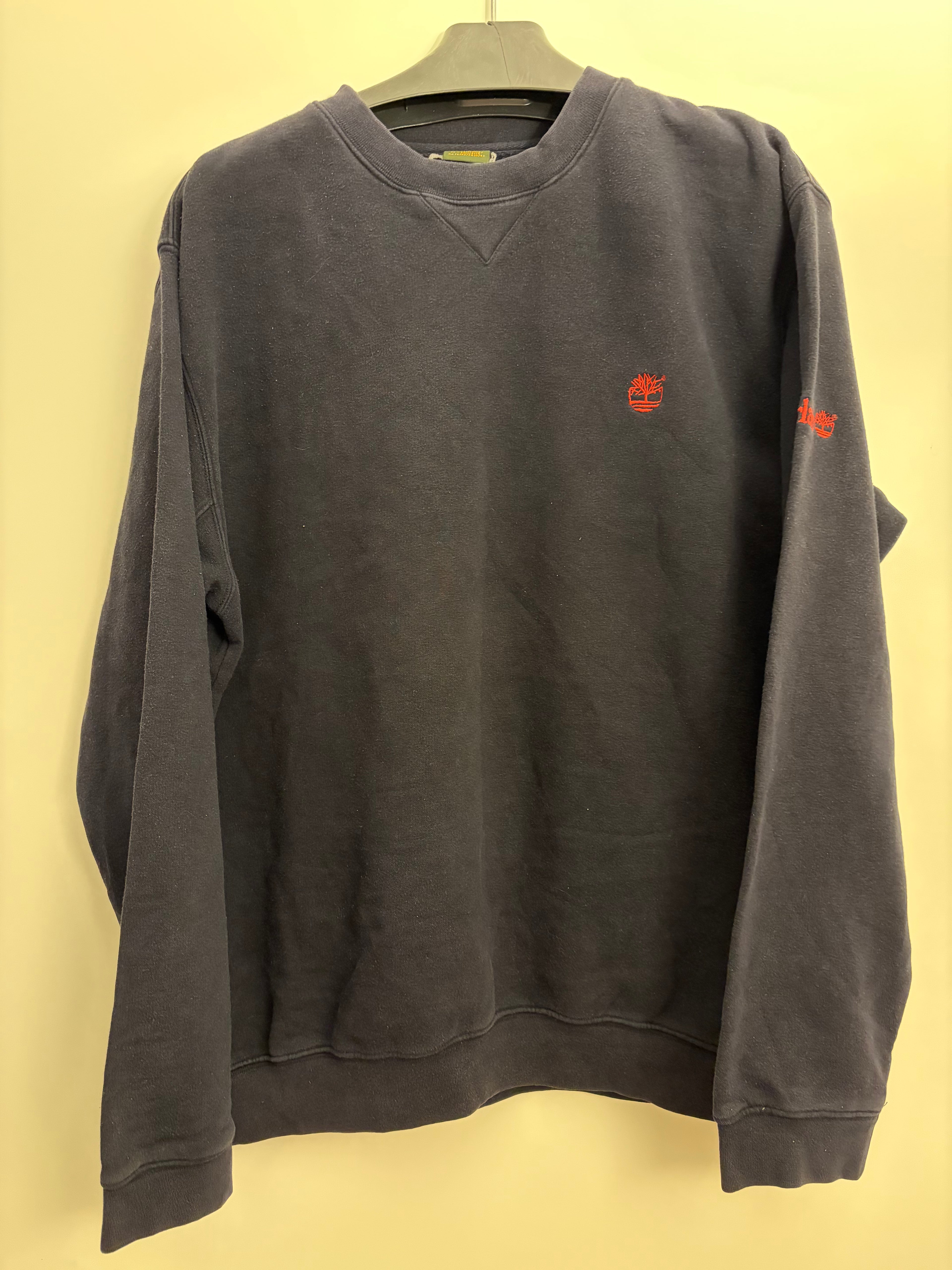 Vintage Timberland Sweatshirt 90s Oversize Dunkelblau – Gesticktes Logo Orange Crewneck Pullover Herren Damen Gr. L – Retro Heavyweight Stre