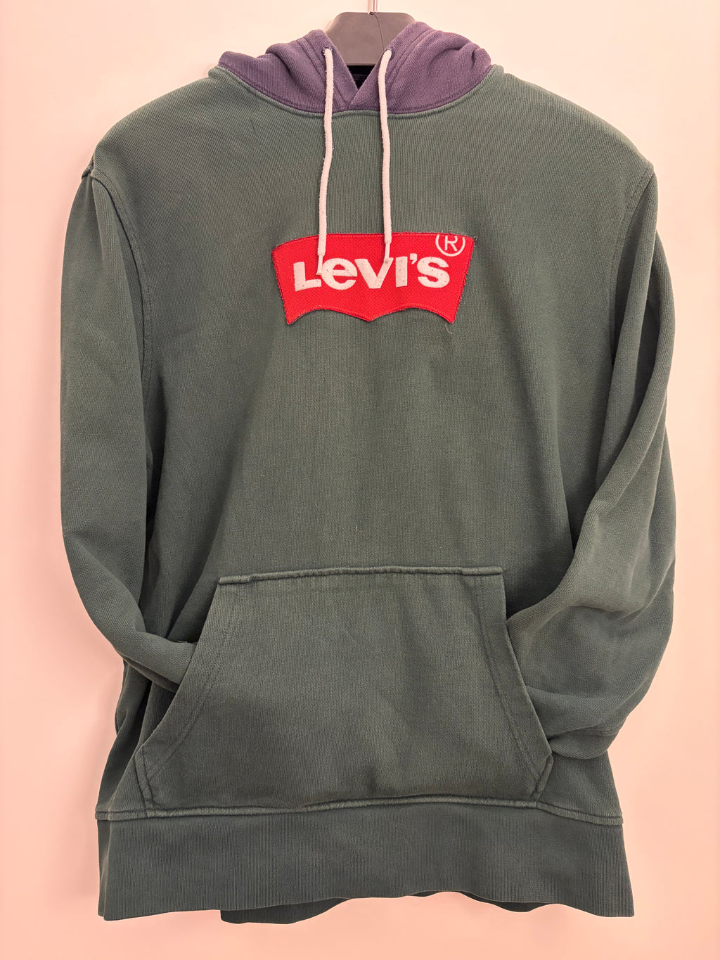 Levi's hoodie, large batwing logo patch, forest green with dark blue hood, size M, used