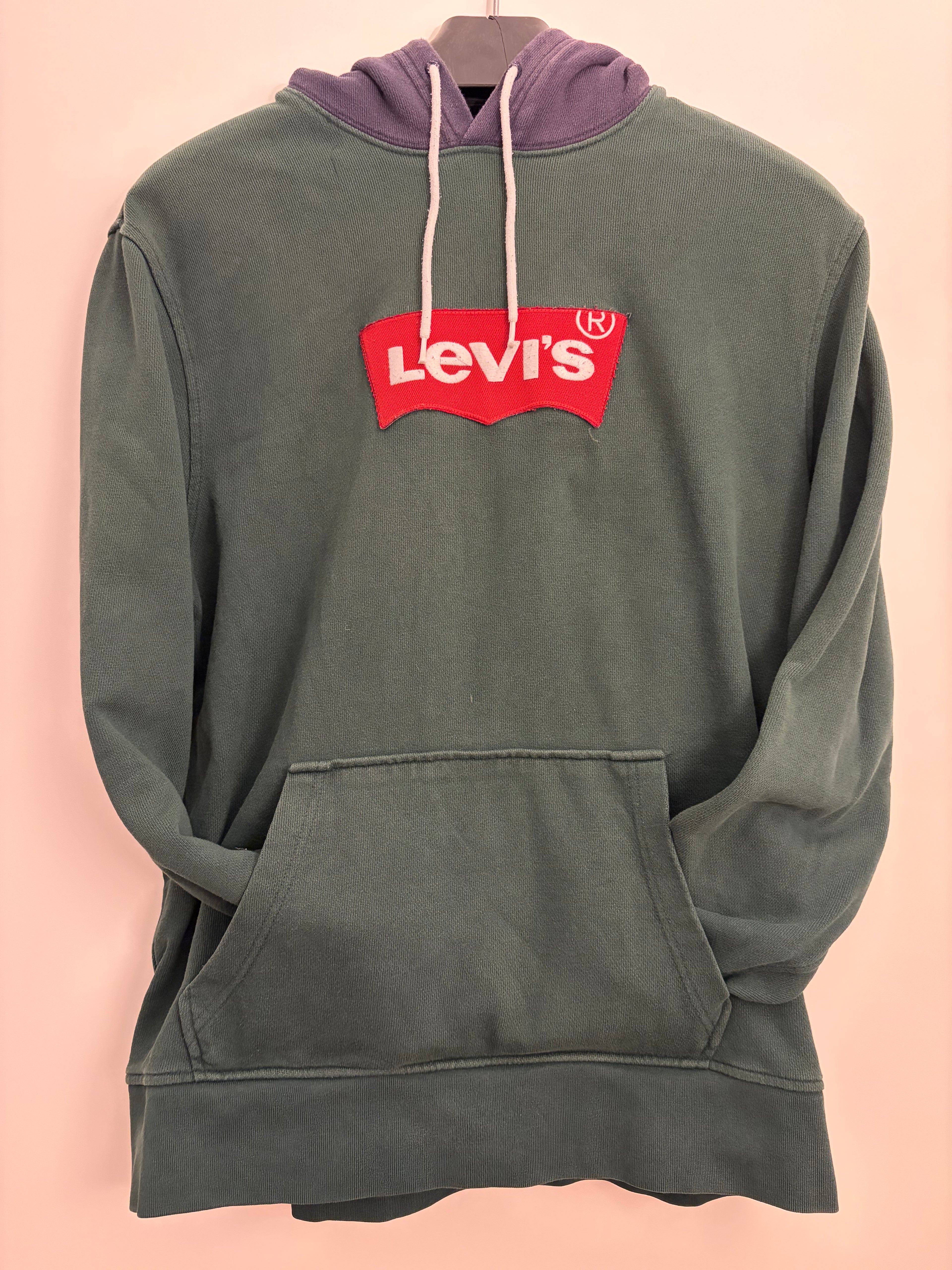 Levi's hoodie, large batwing logo patch, forest green with dark blue hood, size M, used