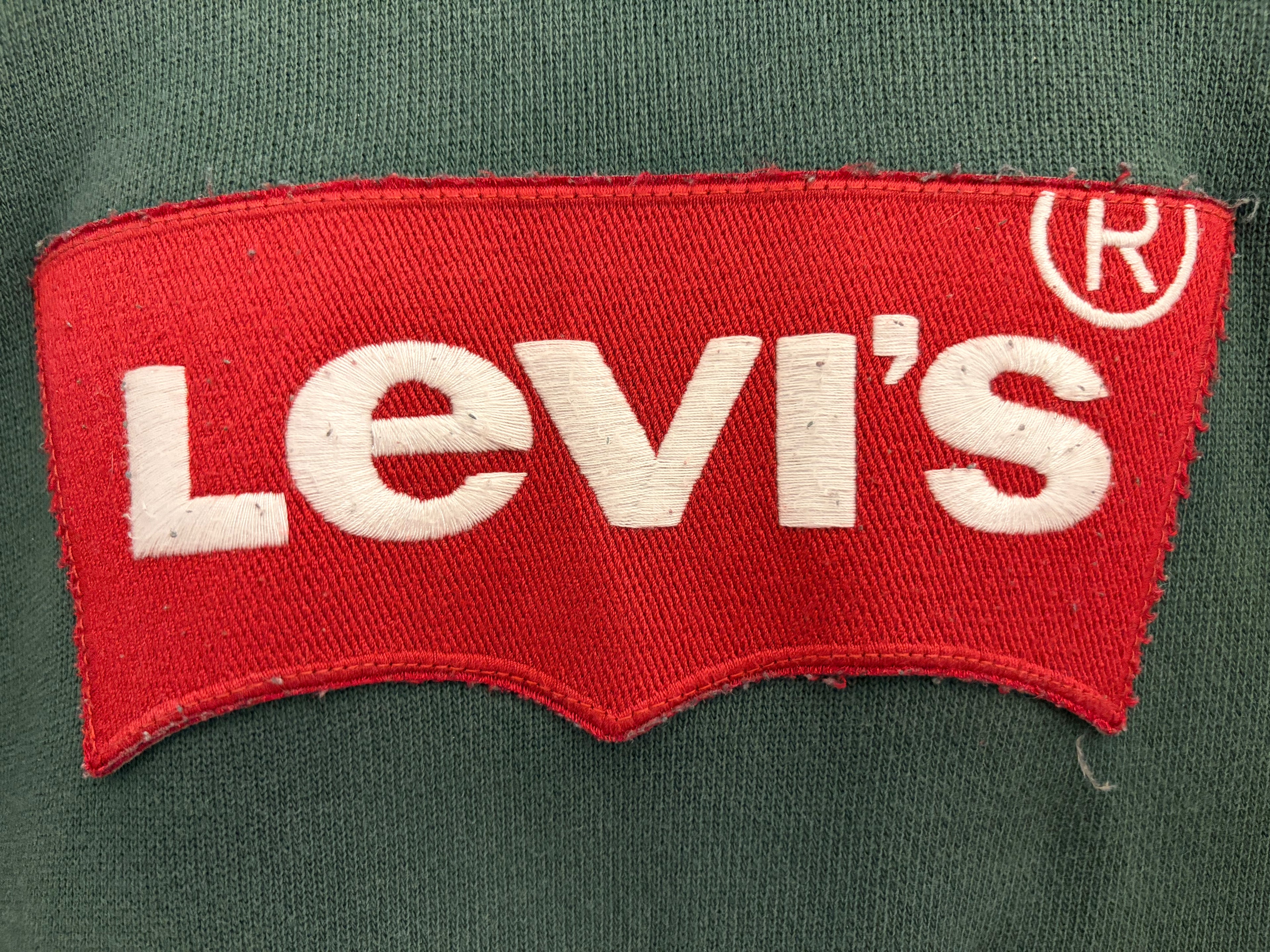 Levi's hoodie, large batwing logo patch, forest green with dark blue hood, size M, used