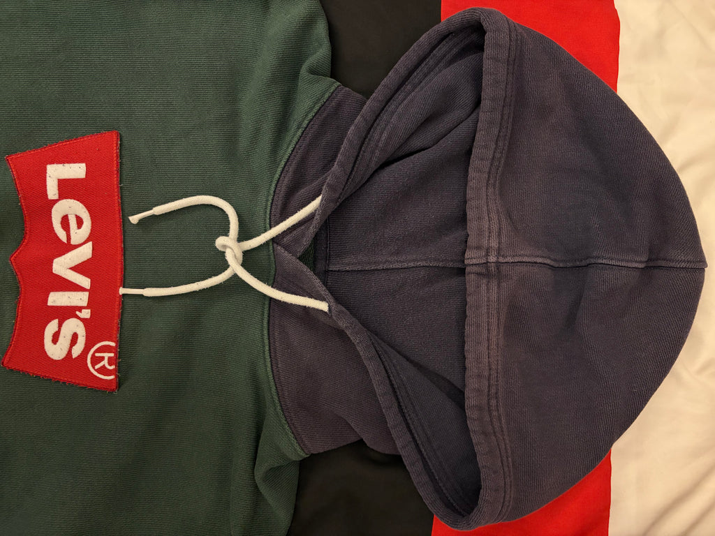 Levi's hoodie, large batwing logo patch, forest green with dark blue hood, size M, used