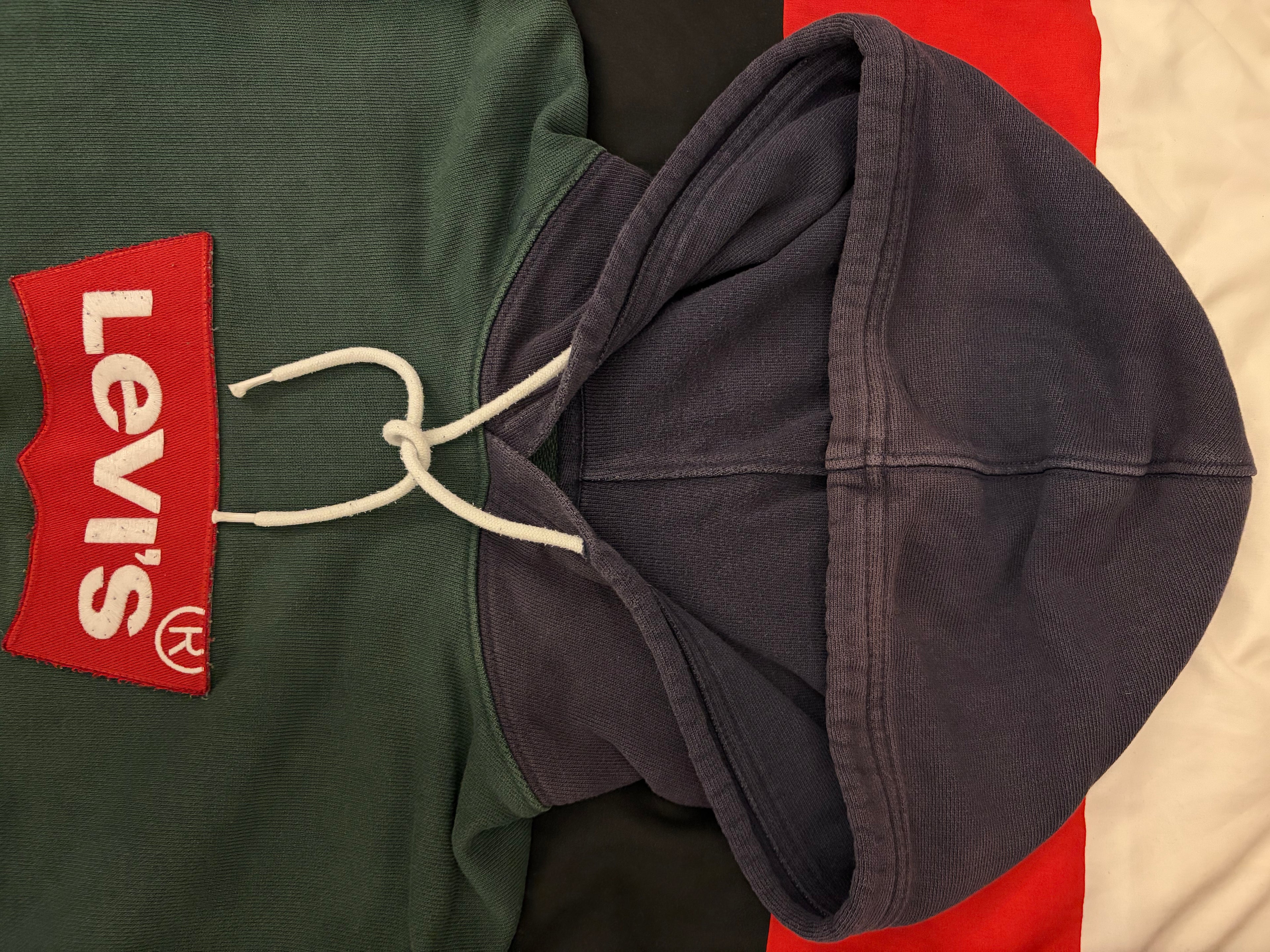 Levi's hoodie, large batwing logo patch, forest green with dark blue hood, size M, used